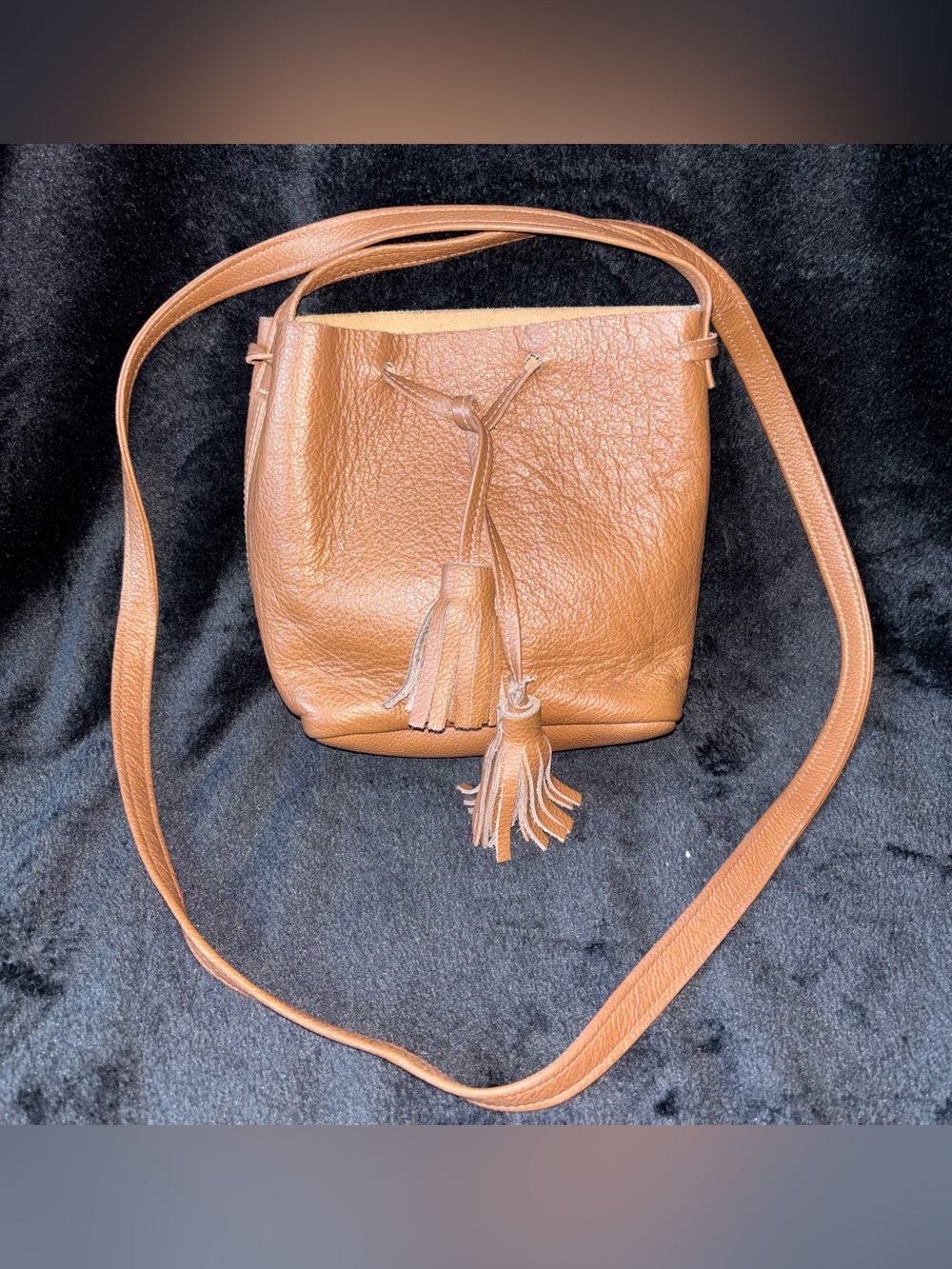 Shaffer Los Angeles Greta Leather Mini Bucket Bag Brown Tassel Crossbody USA